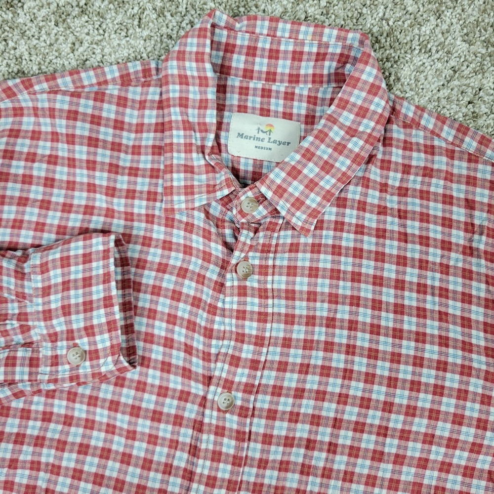 Marine Layer Mens Medium Red White Plaid Button Up Long Sleeve